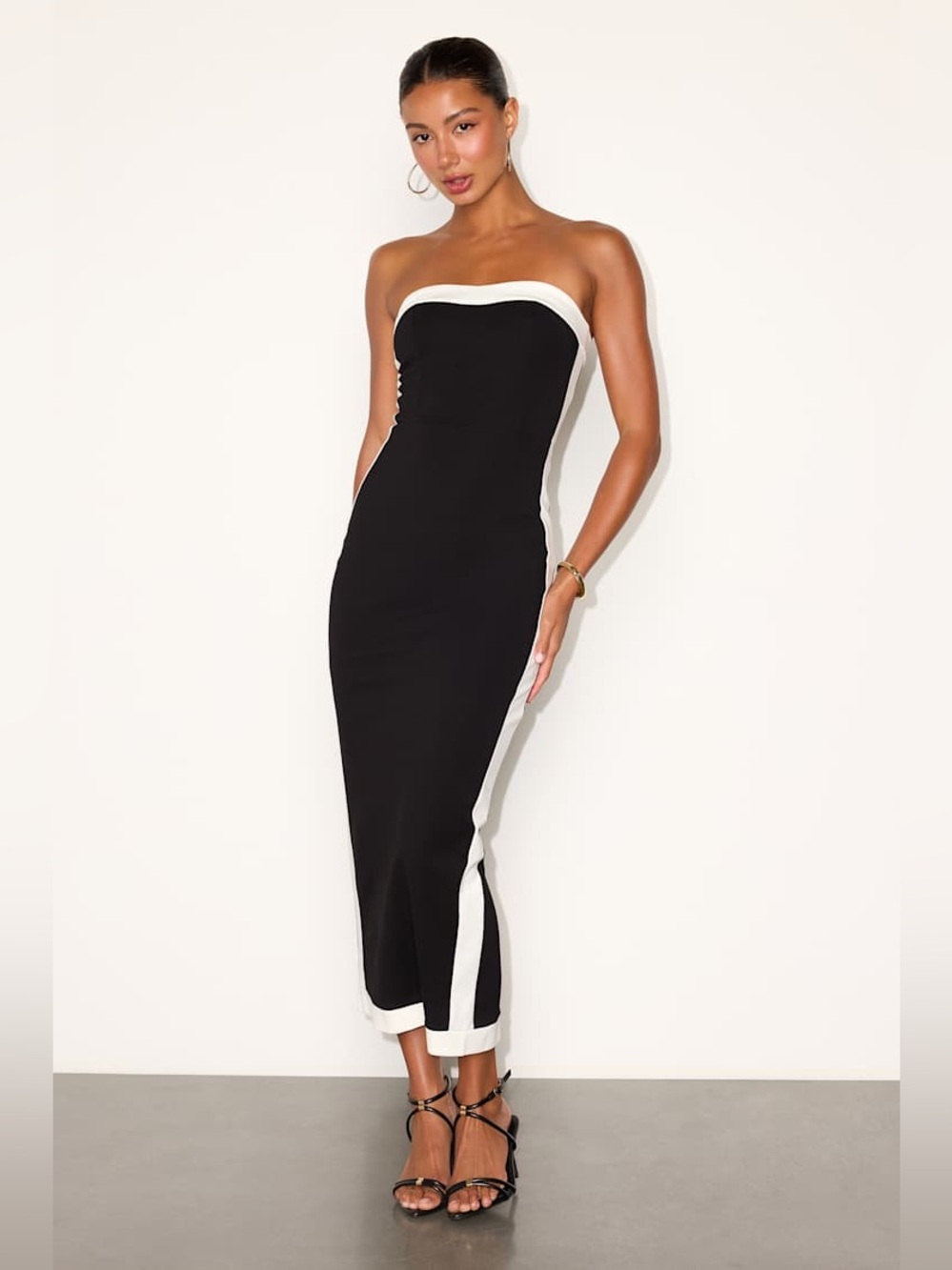 Lulu’s Impressive Edge Black Color Block Strapless Midi Dress